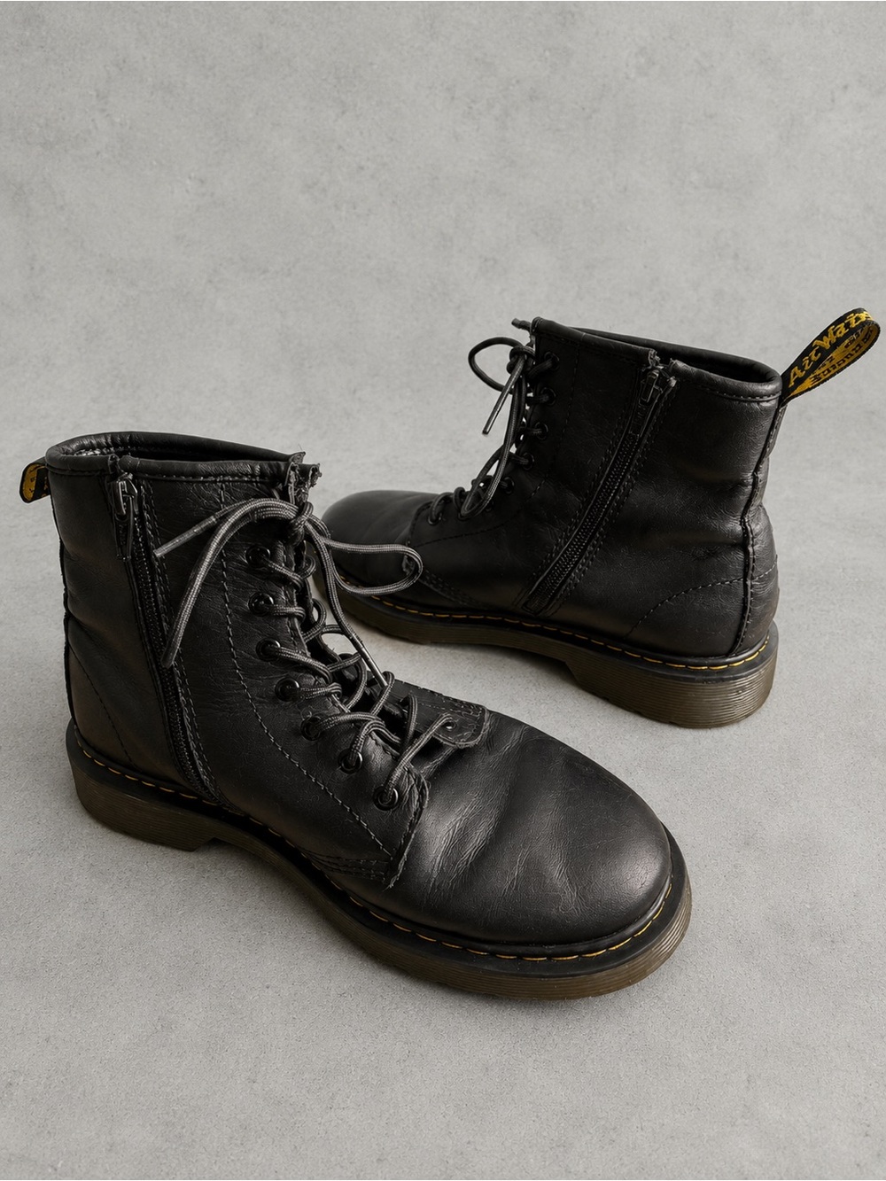 Dr. Martens Black Leather Lace-Up Boots with Yellow Heel Loop